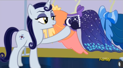 Size: 1497x831 | Tagged: safe, screencap, moonlight raven, pony, unicorn, canterlot boutique, clothes, dress, female, mare, over the moon, solo