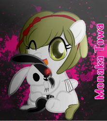 Size: 500x566 | Tagged: safe, artist:castermo23, pegasus, pony, rabbit, danganronpa, doll, filly, monaca, monaka, monaka towa, monokuma, ponified, solo, toy