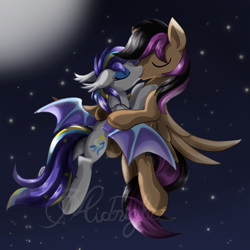 Size: 1600x1600 | Tagged: safe, artist:midnightsketches, stellar eclipse, oc, oc:night lark, bat pony, pony, cute, flying, kissing, night, shipping, stellarnight