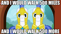 Size: 895x500 | Tagged: safe, edit, edited screencap, screencap, pony, 500 miles, armor, i'm gonna be, image macro, male, meme, royal guard, song reference, stallion, the proclaimers