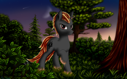Size: 3200x2000 | Tagged: safe, artist:pony-stark, oc, oc only, oc:shadowed ember, pony, unicorn, evening, fire, grass, looking at you, male, moon, outdoors, raised hoof, shooting star, sky, smirk, solo, stallion, stars, tree, twilight (astronomy)