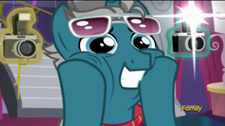 Size: 1920x1080 | Tagged: safe, screencap, canterlot boutique, camera, faic, fashion plate, fashion reaction, magic, shades mcgrey, teeth