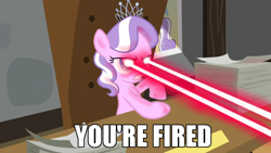 Size: 1366x768 | Tagged: safe, edit, edited screencap, screencap, diamond tiara, ponyville confidential, eye beams, fired, image macro, meme, optic blast