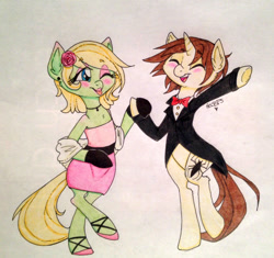 Size: 1280x1204 | Tagged: safe, artist:ameliacostanza, earth pony, pony, unicorn, bowtie, clothes, crossover, dancing, dress, gala, gala dress, gwen stacy, lipstick, makeup, peter parker, ponified, rose, shipping, spider-gwen, spider-man, spiders and magic iv: the fall of spider-mane, spiders and magic: rise of spider-mane, suit, traditional art