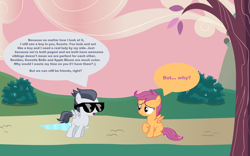 Size: 1130x706 | Tagged: safe, artist:lunaticdawn, rumble, scootaloo, denied, shipping denied