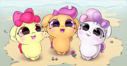 Size: 4020x2087 | Tagged: safe, artist:sverre93, apple bloom, scootaloo, sweetie belle, earth pony, pegasus, pony, unicorn, :3, :d, adorabloom, blushing, chibi, cute, cutealoo, cutie mark crusaders, cutie mark cuties, daaaaaaaaaaaw, diabetes, diasweetes, female, filly, flower, fluffy, hnnng, small horn, sverre is trying to murder us, weapons-grade cute, you are already dead
