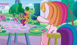 Size: 740x435 | Tagged: safe, screencap, rainbow dash (g3), scootaloo, scootaloo (g3), sweetie belle (g3), toola roola, g3.5, easel, hopscotch (game), intro, painting