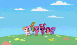 Size: 740x435 | Tagged: safe, screencap, cheerilee (g3), pinkie pie (g3), rainbow dash (g3), scootaloo (g3), starsong, toola roola, g3.5, animated, intro, it's coming right at us, jumping, looking at you