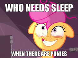 Size: 845x635 | Tagged: safe, scootaloo, sleepless in ponyville, exploitable meme, image macro, insomnia, meme, time for ponies, tired, who needs sleep anyway