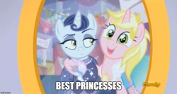 Size: 935x499 | Tagged: safe, screencap, moonlight raven, sunshine smiles, pony, unicorn, canterlot boutique, best princess, caption, duo, female, hug, mare, mirror, sisters