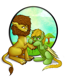 Size: 885x1050 | Tagged: safe, artist:farcuf, oc, oc only, oc:farcuf, oc:soft paw, big cat, lion, pegasus, pony, africa, animal, colored wings, colored wingtips, crying, cutie mark, ear fluff, frown, helping, hoof hold, lidded eyes, looking at you, raised paw, sad, simple background, sitting, story, transparent background, wavy mouth, wing fluff