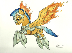 Size: 3466x2517 | Tagged: safe, artist:dracontiar, oc, oc only, oc:gallant flame, pegasus, pony, armor, blade, dirty, fire, flying, glare, gritted teeth, male, solo, spread wings, stallion, weapon