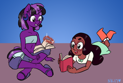 Size: 1280x872 | Tagged: safe, artist:naomiknight17, oc, oc:gem, anthro, askthesixelementals, book, connie maheswaran, crossover, plasma, steven universe, tumblr