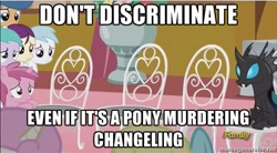 Size: 500x275 | Tagged: safe, screencap, aura (character), boysenberry, cotton cloudy, first base, kevin (changeling), ruby pinch, sassaflash, twinkleshine, changeling, slice of life (episode), comments locked on derpi, debate in the comments, image macro, meme