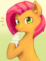 Size: 1026x1362 | Tagged: safe, artist:aisureimi, babs seed, drinking, freckles, looking at you, looking back, smoothie, solo, surprised