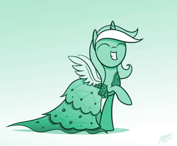 Size: 1178x973 | Tagged: safe, artist:dori-to, lyra heartstrings, pony, unicorn, comic:silly lyra, canterlot boutique, clothes, comic, cute, dress, eyes closed, female, green background, greenscale, grin, lyrabetes, mare, monochrome, princess dress, raised hoof, silly lyra, simple background, solo