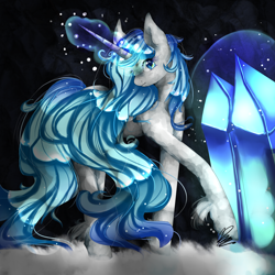 Size: 2000x2000 | Tagged: safe, artist:xkittyblue, oc, oc only, oc:icy crystal, magic, snow, solo, unshorn fetlocks