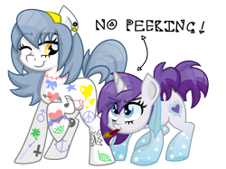 Size: 4267x3200 | Tagged: safe, artist:partylikeanartist, oc, oc only, oc:indigo wire, oc:open canvas, pony, unicorn, competition, contest, couple, double, gradient legs, headband, mascot, paint, paint on fur, paintbrush, piercing, simple background, tattoo, transparent background