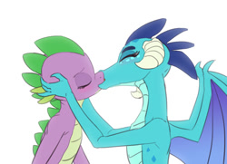 Size: 914x660 | Tagged: safe, artist:carnifex, barb, princess ember, spike, dragon, embarb, emberspike, female, half r63 shipping, kissing, lesbian, male, rule 63, shipping