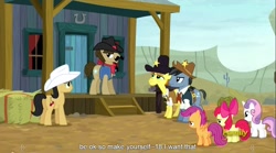 Size: 1281x714 | Tagged: safe, screencap, apple bloom, cherry cola, cherry fizzy, fetter keys, scootaloo, sheriff silverstar, star spur, sweetie belle, appleoosa's most wanted, cutie mark crusaders, meme, youtube caption