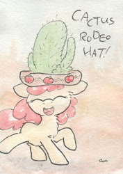Size: 686x968 | Tagged: safe, artist:slightlyshade, apple bloom, appleoosa's most wanted, cactus hat, giant hat, hat, solo, traditional art