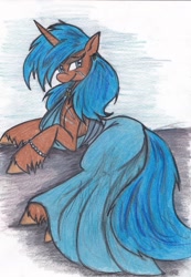 Size: 1705x2464 | Tagged: safe, artist:zubias, oc, oc only, oc:tripwire, pony, unicorn, fallout equestria, fallout equestria: trailblazers, clothes, dress, fanfic art, female, mare, scar, solo, traditional art