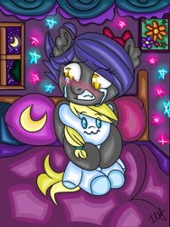 Size: 768x1024 | Tagged: safe, artist:dolphininspace, oc, oc only, oc:cloud skipper, oc:midnight blossom, bat pony, pony, blushing, cloudblossom, crescent moon, crying, ear fluff, hug, night, stars, toy, transparent moon