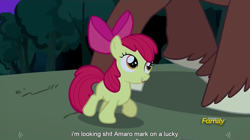 Size: 1279x714 | Tagged: safe, screencap, apple bloom, trouble shoes, appleoosa's most wanted, discovery family logo, meme, vulgar, youtube caption