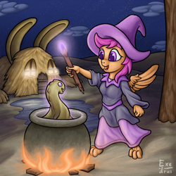 Size: 1536x1536 | Tagged: safe, artist:exedrus, scootaloo, anthro, cauldron, desert, fire, hat, magic, night, witch, witch hat