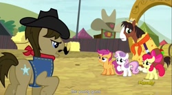 Size: 1281x714 | Tagged: safe, screencap, apple bloom, scootaloo, sheriff silverstar, sweetie belle, trouble shoes, appleoosa's most wanted, cutie mark crusaders, meme, youtube caption