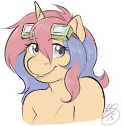 Size: 1279x1319 | Tagged: safe, artist:collaredginger, oc, oc only, oc:sweet voltage, anthro, unicorn, bust, goggles, portrait, sketch