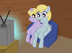 Size: 1024x756 | Tagged: safe, artist:lordswinton, chirpy hooves, dinky hooves, sibling bonding, sofa, television