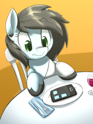 Size: 791x1050 | Tagged: safe, artist:otakuap, oc, oc only, dish, fork, glass, knife, phone, restaurant, solo