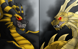 Size: 1408x886 | Tagged: safe, artist:faith-wolff, dragon, kaiju, fanfic:the bridge, barely pony related, duo, fanfic art, fight, godzilla (series), grand king ghidorah, horns, kaiser ghidorah, keizer ghidorah, king ghidorah, male, red eyes, smoke