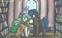 Size: 1300x812 | Tagged: safe, artist:flutterthrash, clover the clever, commander hurricane, blushing, commission, interpretation, library