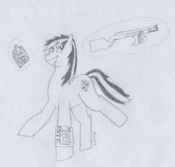 Size: 1599x1527 | Tagged: safe, artist:pommelsketches, oc, oc only, oc:blackjack, pony, unicorn, fallout equestria, fallout equestria: project horizons, alcohol, drunk, gun, happy, shotgun, simple background, weapon, whiskey