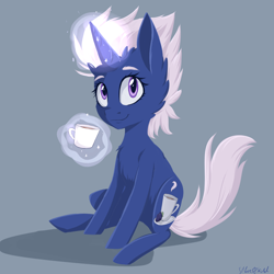 Size: 2200x2200 | Tagged: safe, artist:silbersternenlicht, oc, oc only, coffee, commission, cup, horn, levitation, magic, sitting, solo