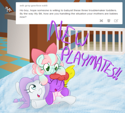 Size: 1280x1164 | Tagged: safe, artist:tapeysides, oc, oc only, oc:button, oc:itty bit, oc:parfait, pony, age regression, ask itty bit, baby, baby pony, diaper, foal, tumblr