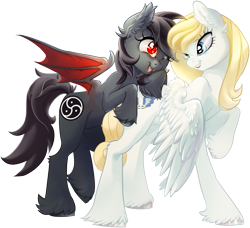 Size: 2055x1877 | Tagged: safe, artist:pyoo-kee-pony, oc, oc only, oc:freyja angel, oc:qetesh, bat pony, pegasus, pony, cuddling, female, snuggling, wink