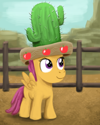 Size: 1280x1601 | Tagged: safe, artist:unsavorydom, scootaloo, appleoosa's most wanted, cactus, cactus hat, cute, giant hat, hat, smiling, solo