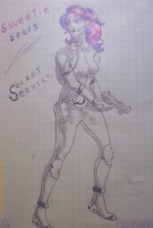 Size: 3102x4608 | Tagged: safe, artist:dashprime, bon bon, sweetie drops, human, slice of life (episode), gun, humanized, secret agent sweetie drops, solo, traditional art