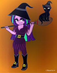 Size: 1370x1743 | Tagged: safe, artist:cbear624, aria blaze, cat, equestria girls, broom, clothes, cosplay, costume, smiling, witch