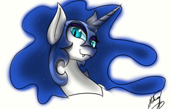 Size: 1100x700 | Tagged: safe, artist:xxmarkingxx, nightmare moon, fangs, looking at you, simple background, solo