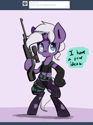 Size: 1361x1828 | Tagged: safe, artist:artguydis, oc, oc only, oc:disastral, pony, unicorn, askdisastral, bikini, bipedal, broken horn, clothes, comic, female, gun, hooves, horn, mare, metal gear solid, metal gear solid 5, midriff, open mouth, optical sight, quiet (metal gear), rifle, sniper rifle, solo, swimsuit, weapon