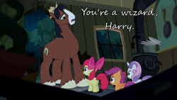 Size: 1920x1080 | Tagged: safe, screencap, apple bloom, scootaloo, sweetie belle, trouble shoes, appleoosa's most wanted, caption, cutie mark crusaders, door, frown, harry potter, meme, open mouth, rain, rubeus hagrid, size difference, window