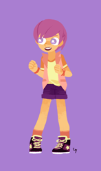 Size: 880x1500 | Tagged: safe, artist:magneticskye, scootaloo, equestria girls, alternate costumes, clothes, female, lineless, open mouth, simple background, smiling, solo, teeth