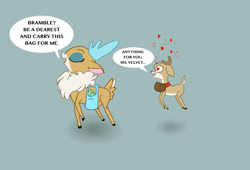 Size: 1024x698 | Tagged: safe, artist:chiptunebrony, idw, bramble, velvet reindeer, deer, reindeer, them's fightin' herds, community related, crossover, crossover shipping, fawn, male, shipping, size difference, smaller male