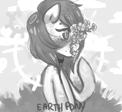 Size: 684x630 | Tagged: safe, artist:pettankochanv, oc, oc only, oc:pettanko, earth pony, pony, flower, monochrome, solo