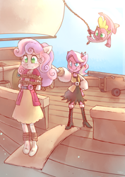 Size: 2893x4092 | Tagged: safe, artist:sony-shock, diamond tiara, spike, sweetie belle, equestria girls, action pose, cannon, clothes, damsel in distress, female, male, missing shoes, peril, pirate, pirate ship, plank, ponied up, pony ears, rope, shipping, socks, spikebelle, story in the source, straight, sword, tied up