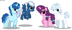 Size: 2336x996 | Tagged: dead source, safe, artist:asika-aida, double diamond, night glider, party favor, sugar belle, equal four, flying